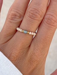 Elastic ring with natural lapis lazuli stones and pearl