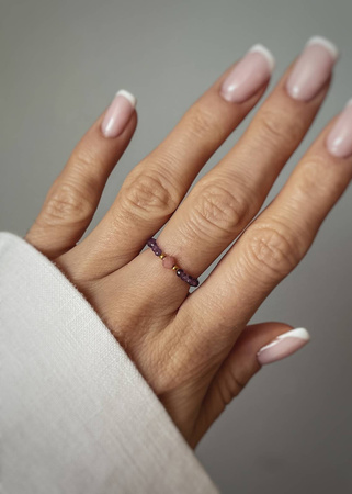 Pierścionek Elastyczny Kamienie Naturalne Rodochrozyt i Ametyst