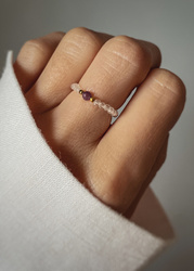 Elastic Ring Natural Stones Amazonite and Pearls Silver Gold Plated