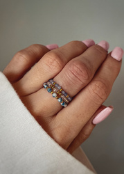 Set of Three Elastic Natural Stone Rings - Champagne Cubic Zirconia and Rhodonite