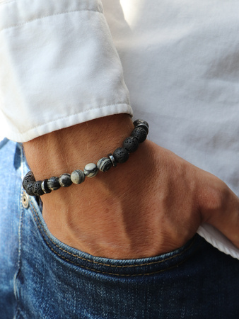 Bransoletka męska - jaspis, lawa wulkaniczna, hematyt