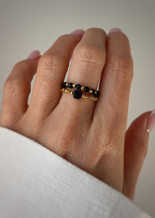 Set of Three Elastic Natural Stone Rings - Champagne Cubic Zirconia and Rhodonite