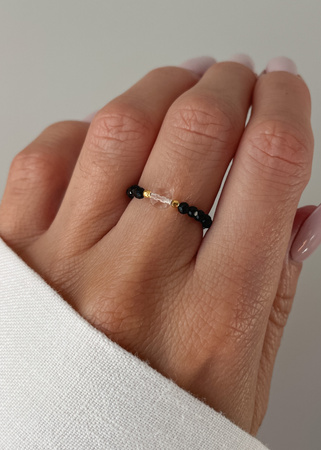 Pierścionek elastyczny czarny turmalin, kryształ górski, ochrona i oczyszczenie