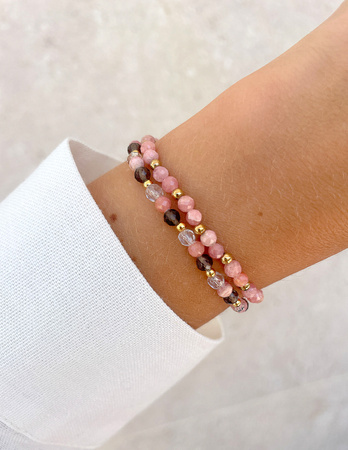 Bransoletki na gumce - rodochrozyt, kwarc dymny, kryształ górski z hematytem