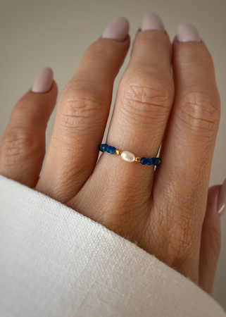 Pierścionek elastyczny lapis lazuli perła naturalna