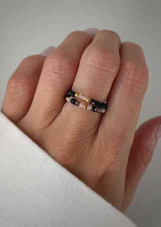 Set of Three Elastic Natural Stone Rings - Champagne Cubic Zirconia and Rhodonite