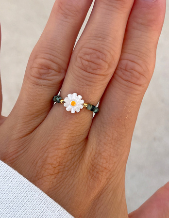 Elastic ring with natural lapis lazuli stones and pearl