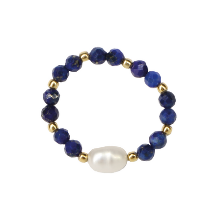 Elastic ring with natural lapis lazuli stones and pearl