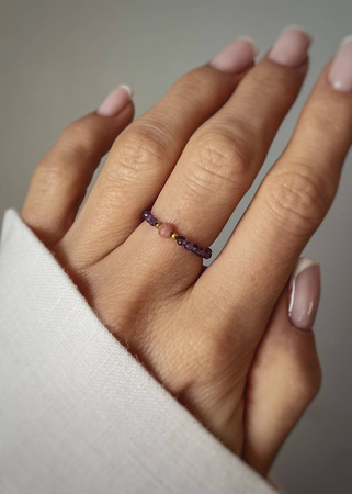 Pierścionek Elastyczny Kamienie Naturalne Rodochrozyt i Ametyst