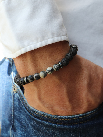 Bransoletka męska - jaspis, lawa wulkaniczna, hematyt