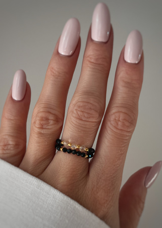 Set of Three Elastic Natural Stone Rings - Champagne Cubic Zirconia and Rhodonite