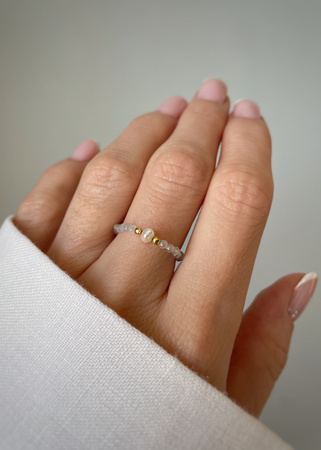 Pierścionek elastyczny Labradoryt z perłą