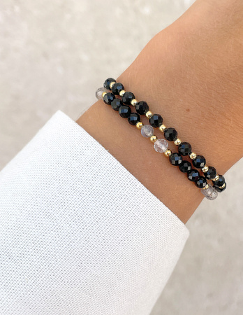 Bransoletki na gumce - czarny turmalin, labradoryt, kryształ górski z hematytem