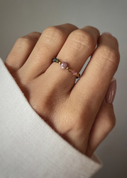 Elastic Ring Natural Stones Amazonite and Pearls Silver Gold Plated