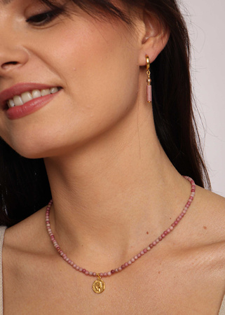 Naszyjnik z kamieni naturalnych Rodonit kulka 3mm pozłacany z zawieszką