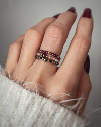Set of Three Elastic Natural Stone Rings - Champagne Cubic Zirconia and Rhodonite