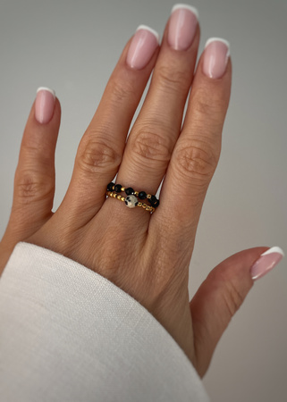 Set of Three Elastic Natural Stone Rings - Champagne Cubic Zirconia and Rhodonite