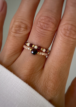 Set of Three Elastic Natural Stone Rings - Champagne Cubic Zirconia and Rhodonite