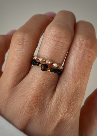 Set of Three Elastic Natural Stone Rings - Champagne Cubic Zirconia and Rhodonite