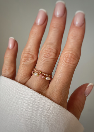 Set of Three Elastic Natural Stone Rings - Champagne Cubic Zirconia and Rhodonite