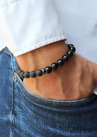 Bransoletka męska - czarny turmalin, lawa wulkaniczna, hematyt