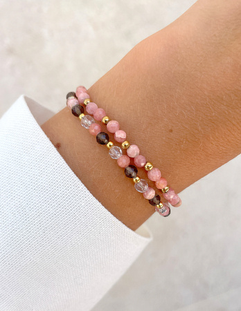 Bransoletki na gumce - rodochrozyt, kwarc dymny, kryształ górski z hematytem