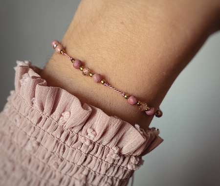 Bracelet natural stones rhodonite cubic zircon champagne silk thread