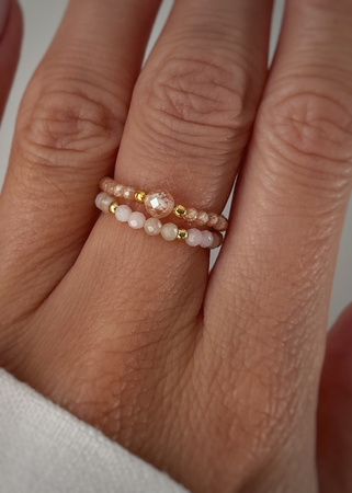 Set of Three Elastic Natural Stone Rings - Champagne Cubic Zirconia and Rhodonite