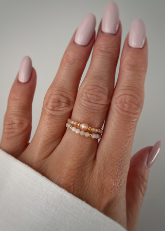 Set of Three Elastic Natural Stone Rings - Champagne Cubic Zirconia and Rhodonite