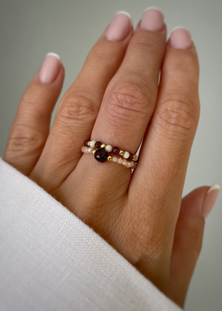 Set of Three Elastic Natural Stone Rings - Champagne Cubic Zirconia and Rhodonite