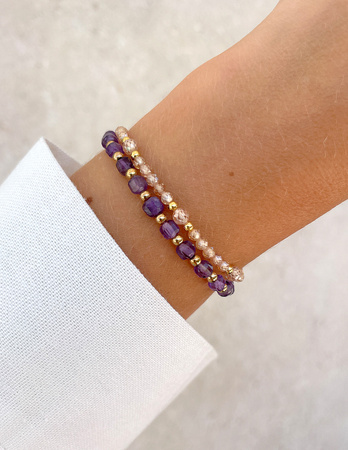 Bransoletki na gumce - cyrkonia szampańska, ametyst z hematytem