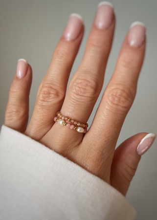Set of Three Elastic Natural Stone Rings - Champagne Cubic Zirconia and Rhodonite