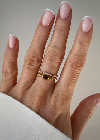 Set of Three Elastic Natural Stone Rings - Champagne Cubic Zirconia and Rhodonite