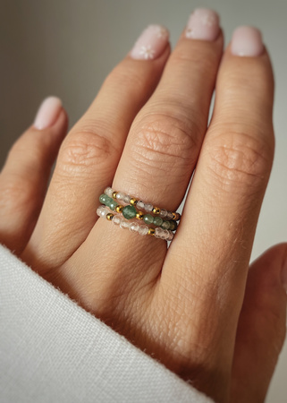 Set of Three Elastic Natural Stone Rings - Champagne Cubic Zirconia and Rhodonite