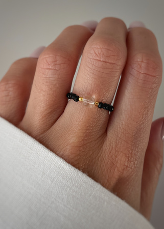 Pierścionek elastyczny czarny turmalin, kryształ górski, ochrona i oczyszczenie