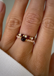 Set of Three Elastic Natural Stone Rings - Champagne Cubic Zirconia and Rhodonite