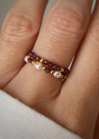 Set of Three Elastic Natural Stone Rings - Champagne Cubic Zirconia and Rhodonite
