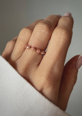 Elastic Ring Natural Stones Amazonite and Pearls Silver Gold Plated