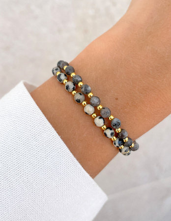 Bransoletki na gumce - larvikit, jaspis dalmatyński z hematytem