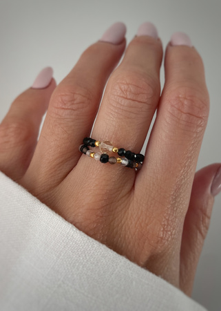 Set of Three Elastic Natural Stone Rings - Champagne Cubic Zirconia and Rhodonite