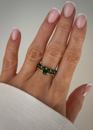 Set of Three Elastic Natural Stone Rings - Champagne Cubic Zirconia and Rhodonite