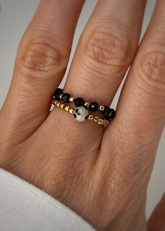 Set of Three Elastic Natural Stone Rings - Champagne Cubic Zirconia and Rhodonite