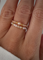 Set of Three Elastic Natural Stone Rings - Champagne Cubic Zirconia and Rhodonite