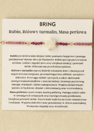 Bransoletka na nici z różowego turmalinu, rubinu z różą z masy perłowej, ochrona, bogactwo, dobrobyt, miłość