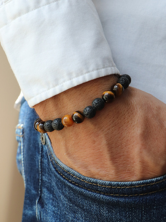 Bransoletka męska - lawa wulkaniczna, tygrysie oko