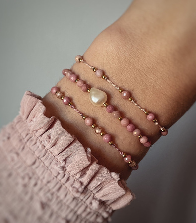 Bracelet natural stones rhodonite cubic zircon champagne silk thread
