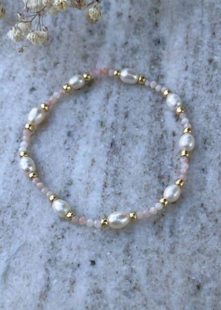 Bransoletka na gumce kamienie naturalne Opal i perła naturalna