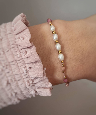 Bransoletka perły naturalne kamienie naturalne rodonit nić jedwabna