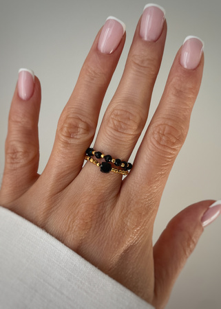 Set of Three Elastic Natural Stone Rings - Champagne Cubic Zirconia and Rhodonite