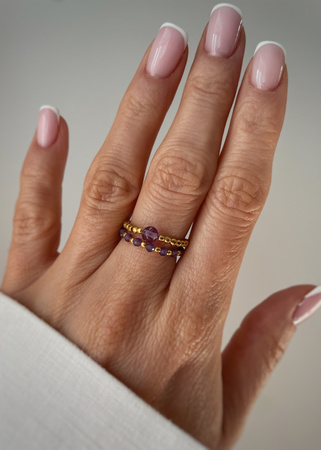 Set of Three Elastic Natural Stone Rings - Champagne Cubic Zirconia and Rhodonite